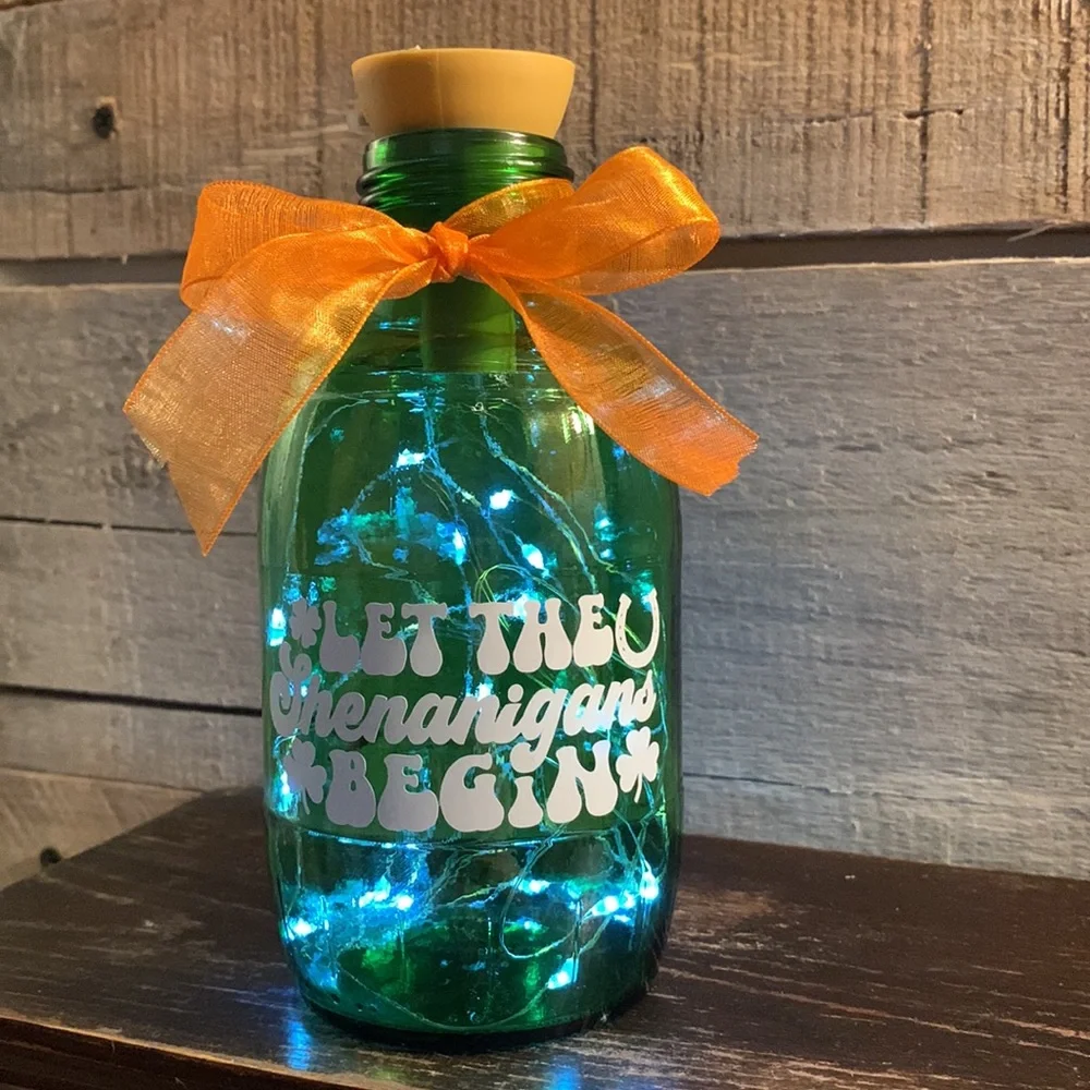 Hand Crafted- ‘Let the Shenanigans Begin’ Green barrel solar lantern